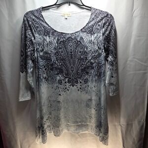 Chic Song n Spirit Black Flared Hem Blouse M 3/4 Sleeve Jewel Detail